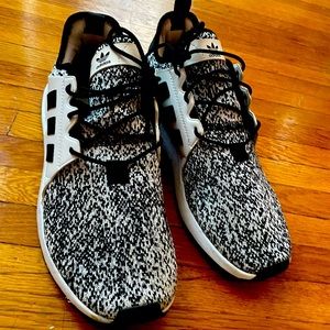 White and black adidas, running shoes, very comfy